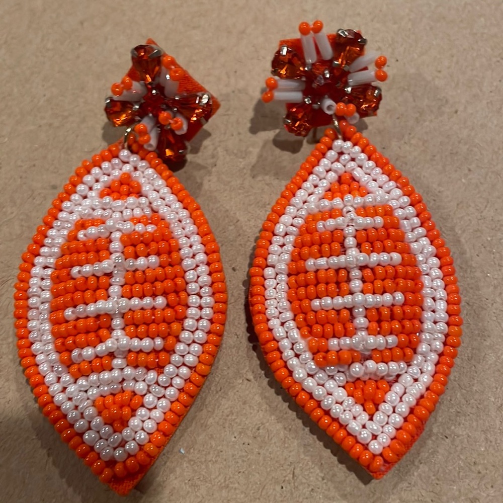 🏈🧡Orange and White Beaded Football  Earrings Game Days